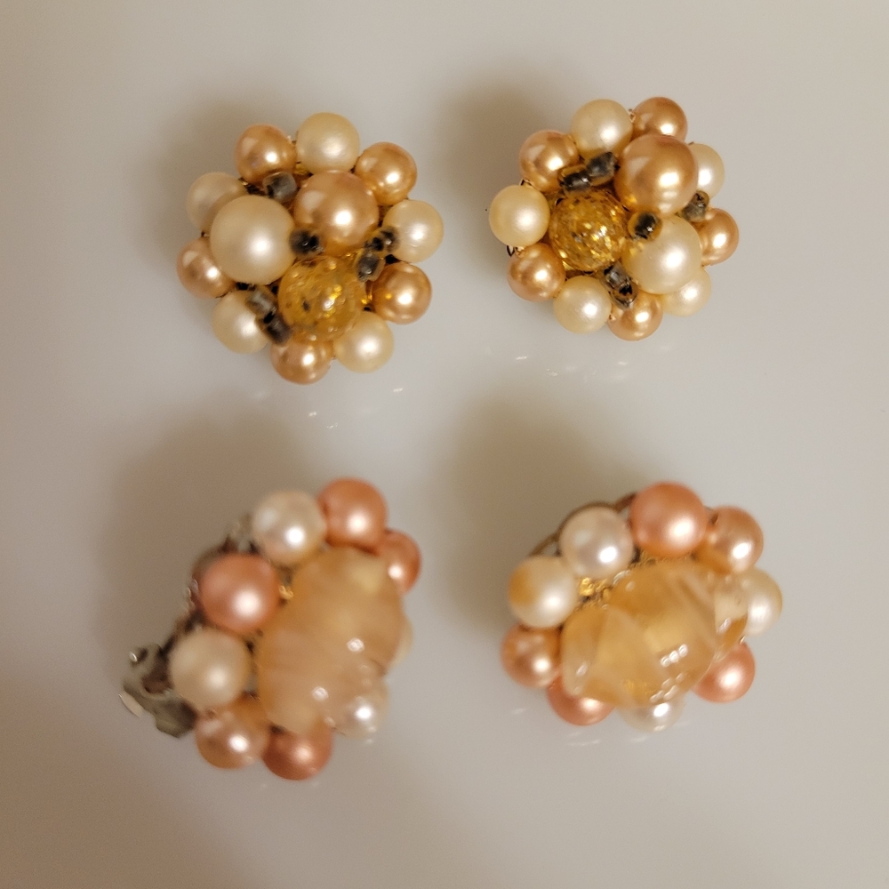 2 Pairs Vintage Clip-On Beaded Earrings ~ MCM ~ Japan ~ 1950s ~ Pretty!